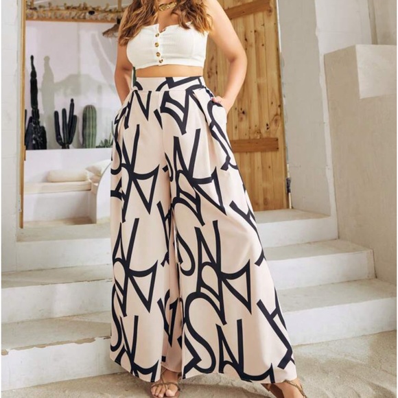 Plus Size Boho Alphabet Letter Print Pocket High Waist Wide Leg Palazzo Pants - Picture 3 of 6